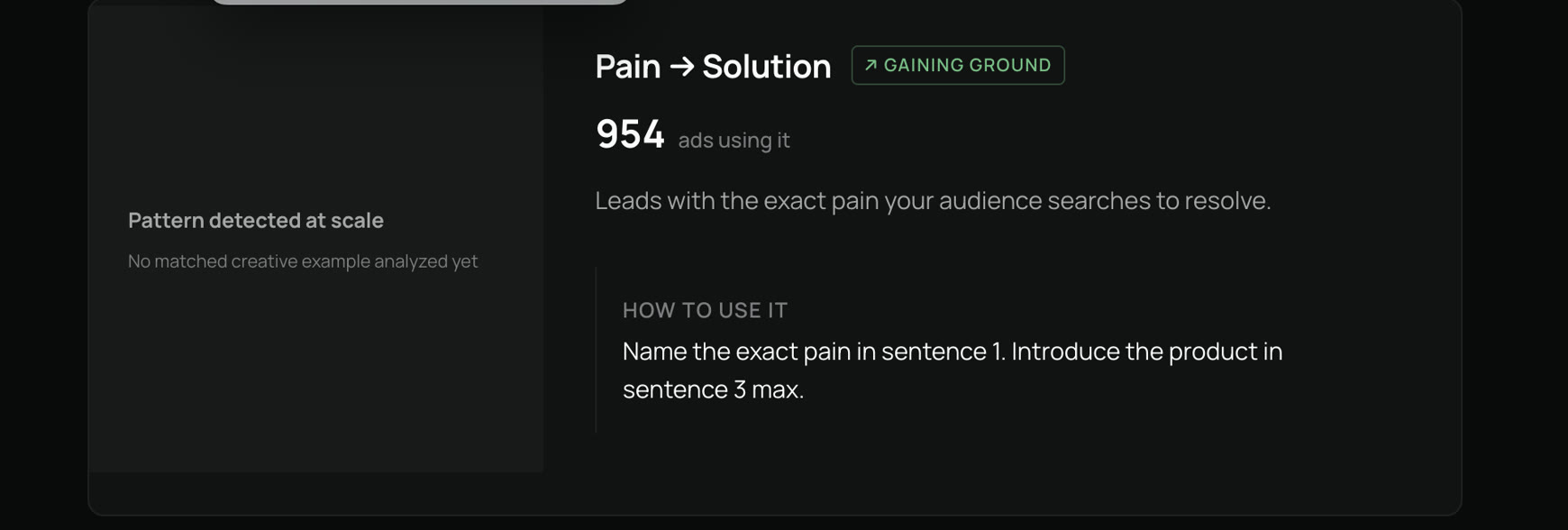 LURK Trends screen: a detected pattern called Pain to Solution, marked as gaining ground across 954 ads, with a short instruction on how to apply it.
