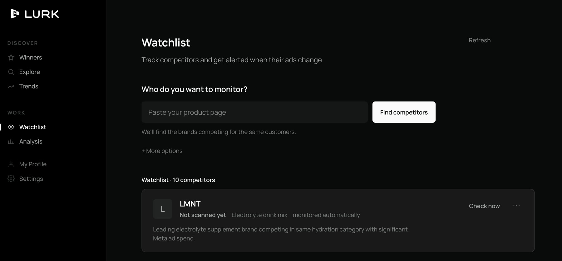 LURK Watchlist screen: monitored competitors listed with category and monitoring status.
